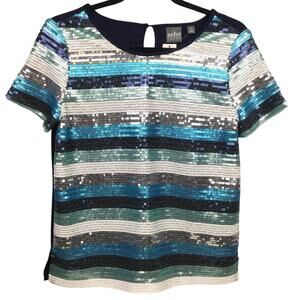New York and Company Soho Jeans Striped Sequins Keyhole Back Short Sleeve Top XS